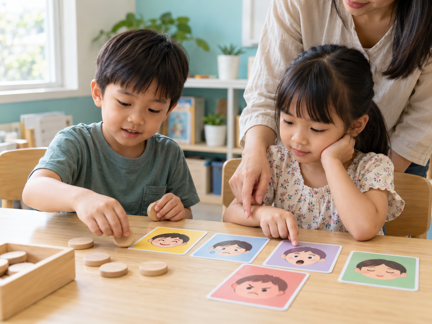 孩子在老师陪伴下探索绘本与学习材料的课堂情境示意